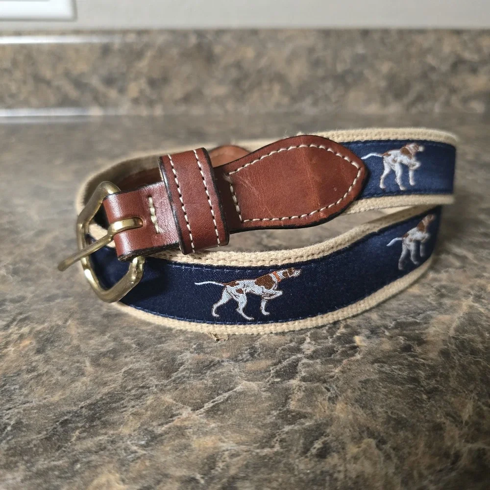 Men's Size 36 Navy Hunting Dog Belt Leather Trim Brass Buckle 1.25
